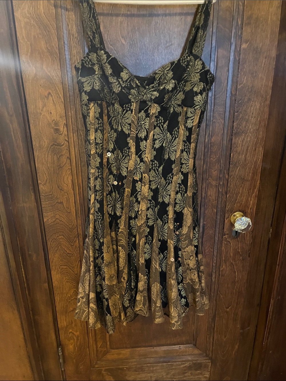 Women's Black and Gold Floral Lace Slip Dress
